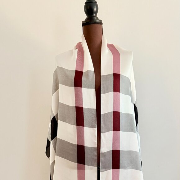 New Burberry Check Print Ivory Silk Satin Scarf - Picture 4 of 15